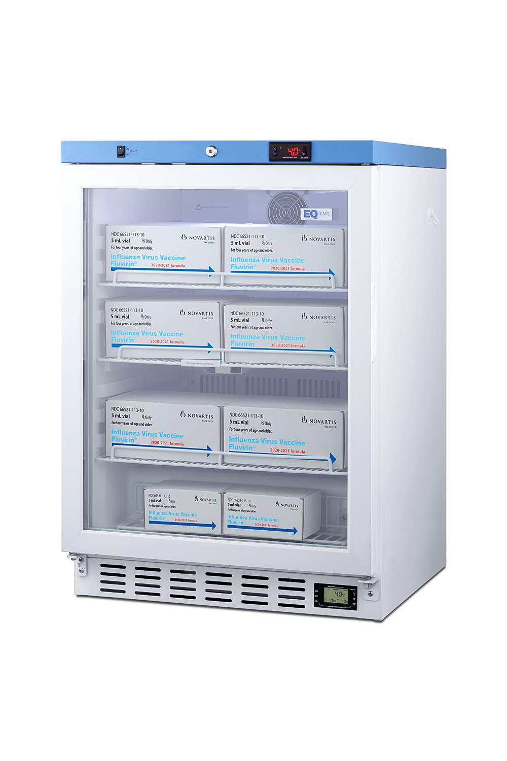 Built-In healthcare all-refrigerator certified to NSF/ANSI 456 with self-closing glass door, front lock, digital controls, and NIST calibrated temperature readout